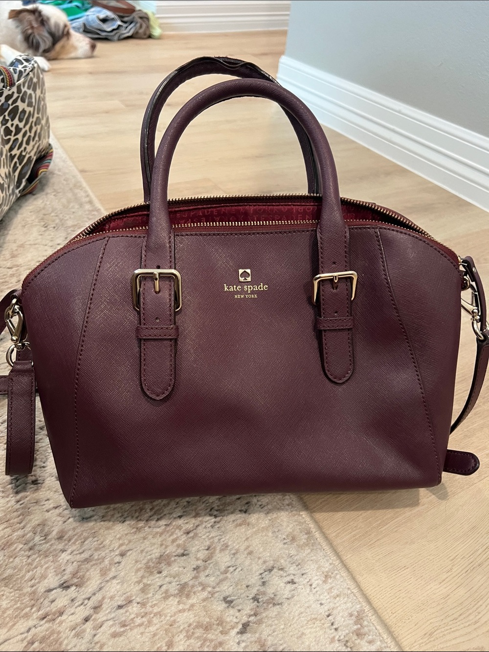 kate spade burgundy leather satchel with gold hardware